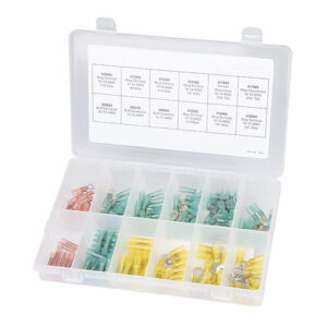 Assorted electrical connectors in a plastic organizer.