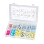 Assorted electrical connectors in plastic box