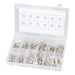 Assorted wire connectors in plastic organizer box.