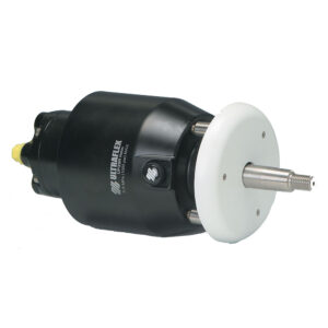 Hydraulic rotary actuator, black with white front plate.