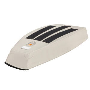 Protective boat cover with black accents and logo