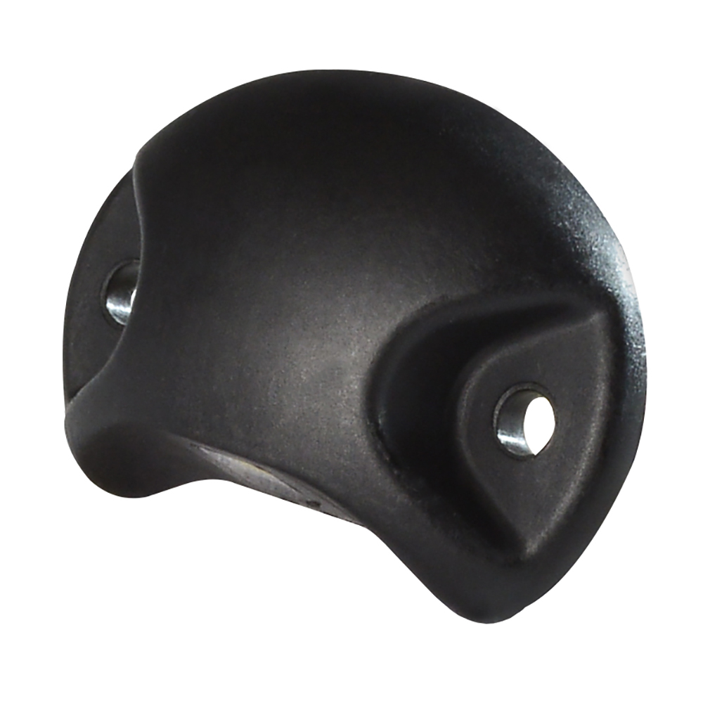Black rubber door stopper with two screw holes.