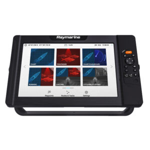 Raymarine marine display showing navigation and fish-finding tools.