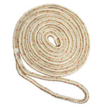 Coiled beige and red climbing rope
