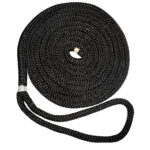 Coiled black braided rope on white background.