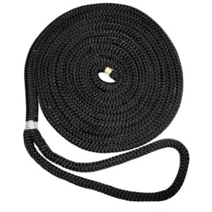 Black coiled rope against white background.