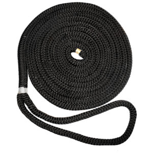 Coiled black marine dock line rope