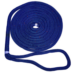 Coiled blue marine rope with looped end.