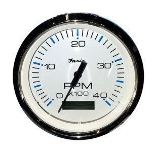 Analog RPM gauge with black needle.