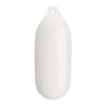 White cylindrical marine fender for boat protection.
