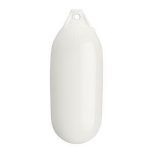 White cylindrical marine fender for boat protection.