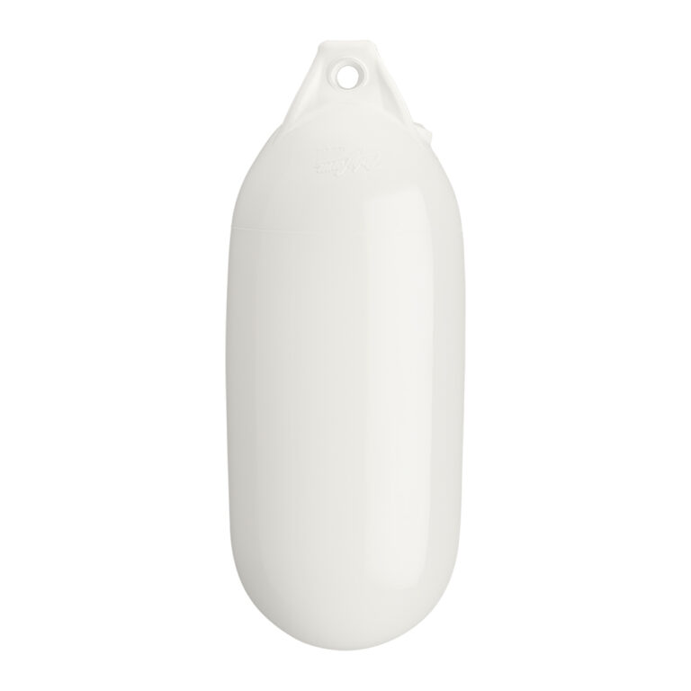 White cylindrical marine fender for boat protection.