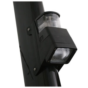 Black navigation light on boat mast