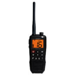 Uniden handheld radio with illuminated display and buttons.