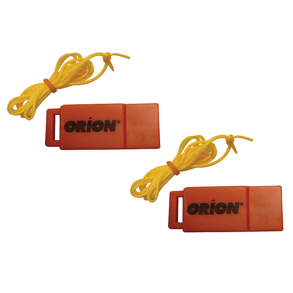 Two orange Orion emergency whistles with yellow cords.