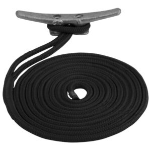 Black coiled rope with metal cleat