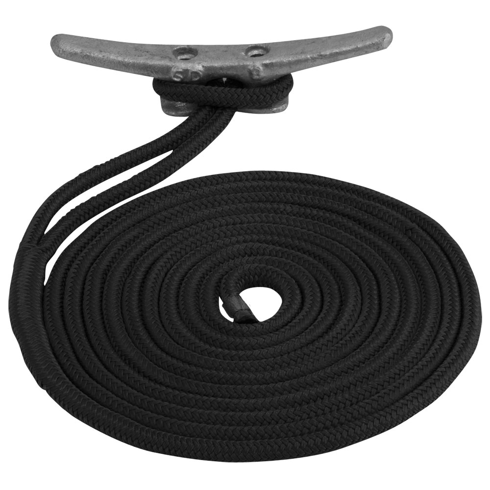 Black coiled rope with metal cleat