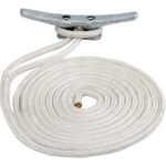 Coiled white rope with cleat