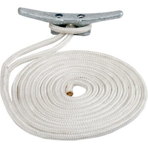 Coiled white boat rope on cleat.