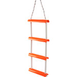 Orange emergency rope ladder with four steps.