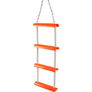 Orange emergency rope ladder with four steps.