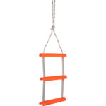 Orange rope ladder with three steps hanging.