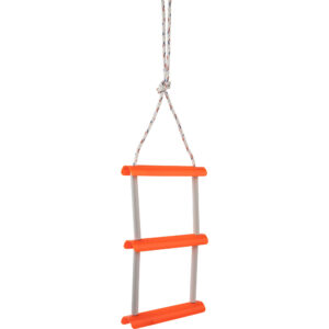 Orange rope ladder with three steps hanging.