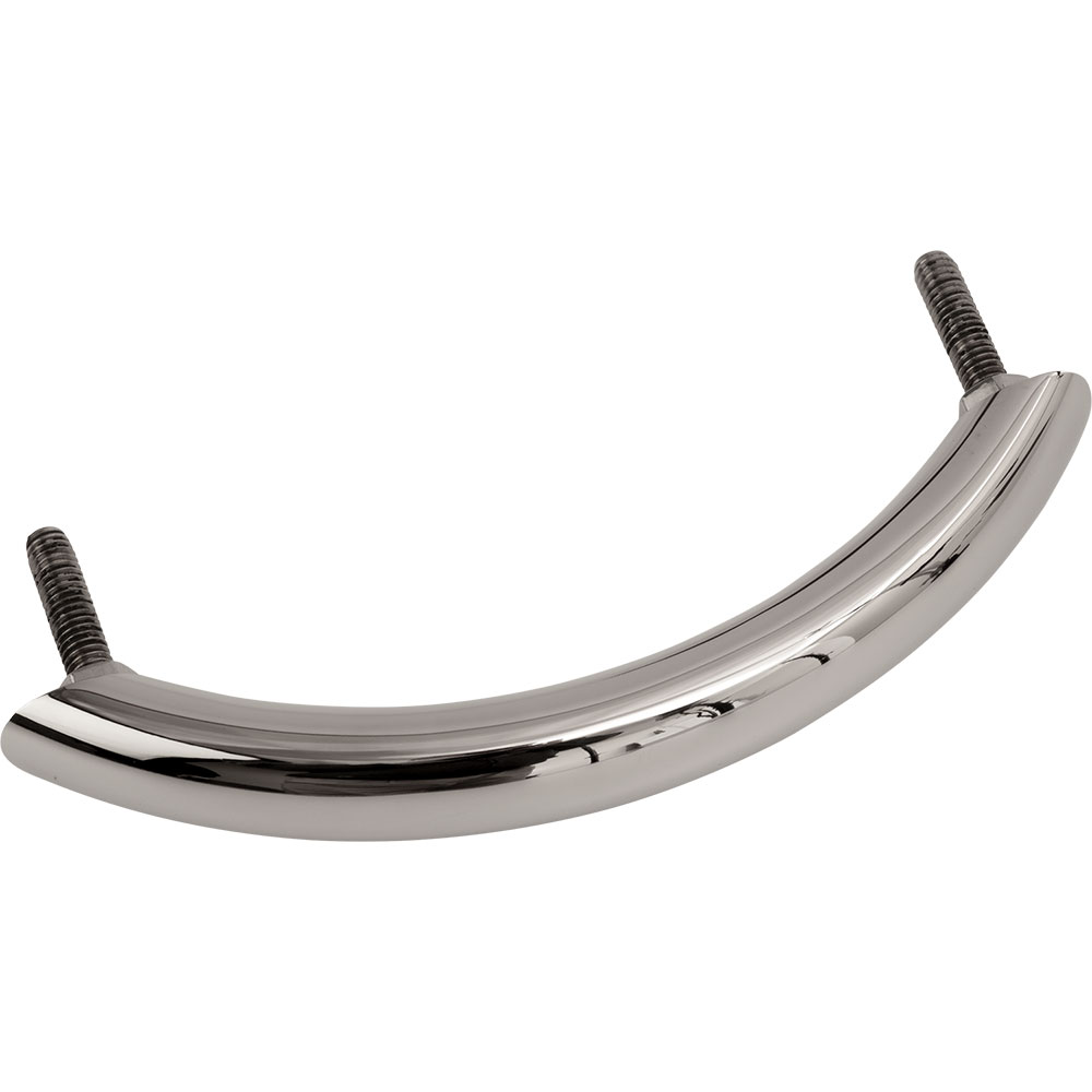 Stainless steel curved door handle with screws.
