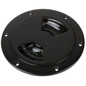 Black circular marine deck plate with open-close markings.
