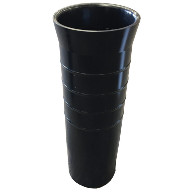 Tall black ribbed vase on white background.