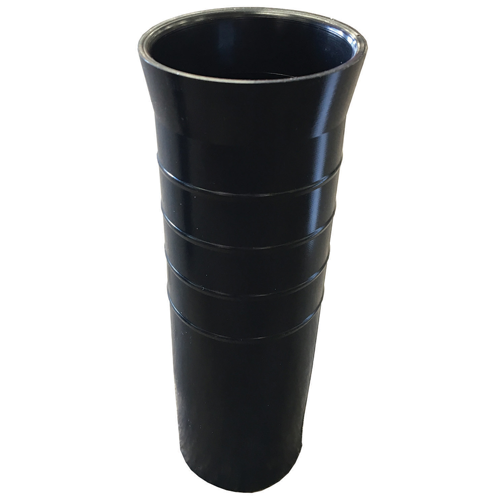 Tall black ribbed vase on white background.