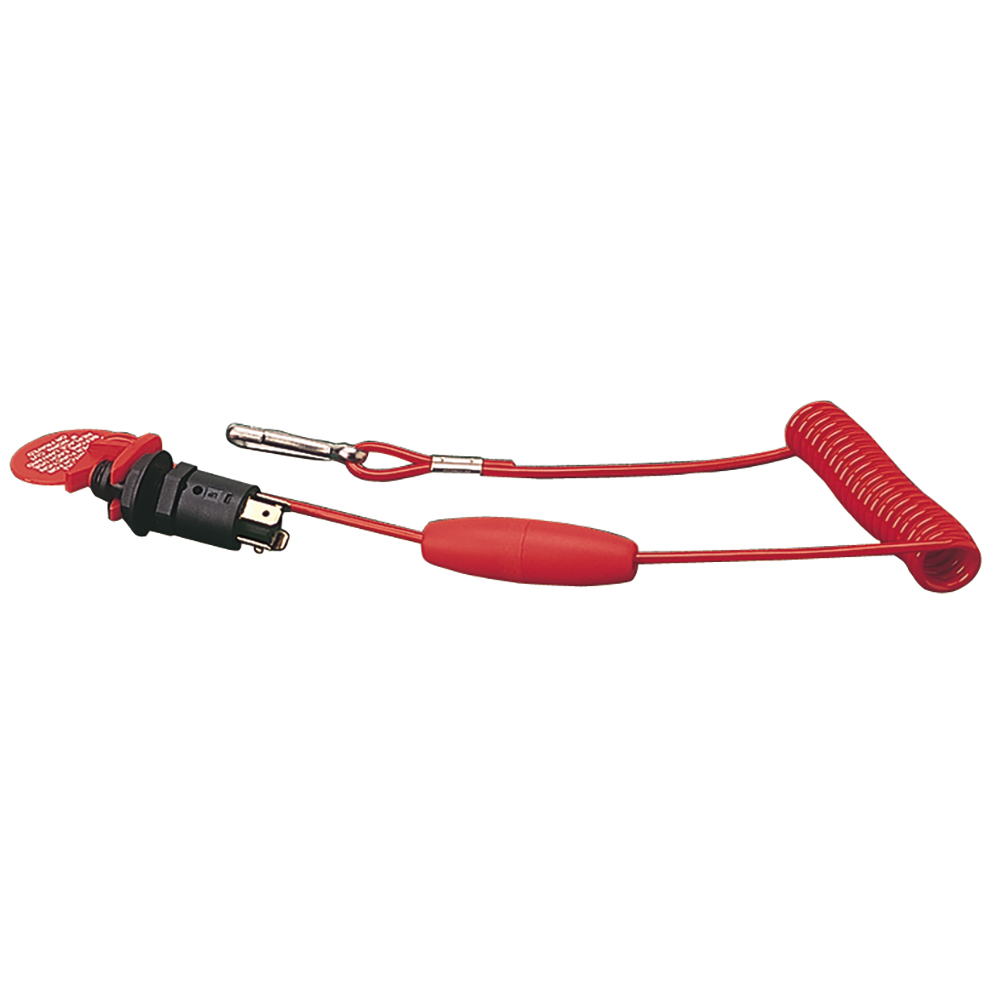 Red safety lanyard with coil and connector.