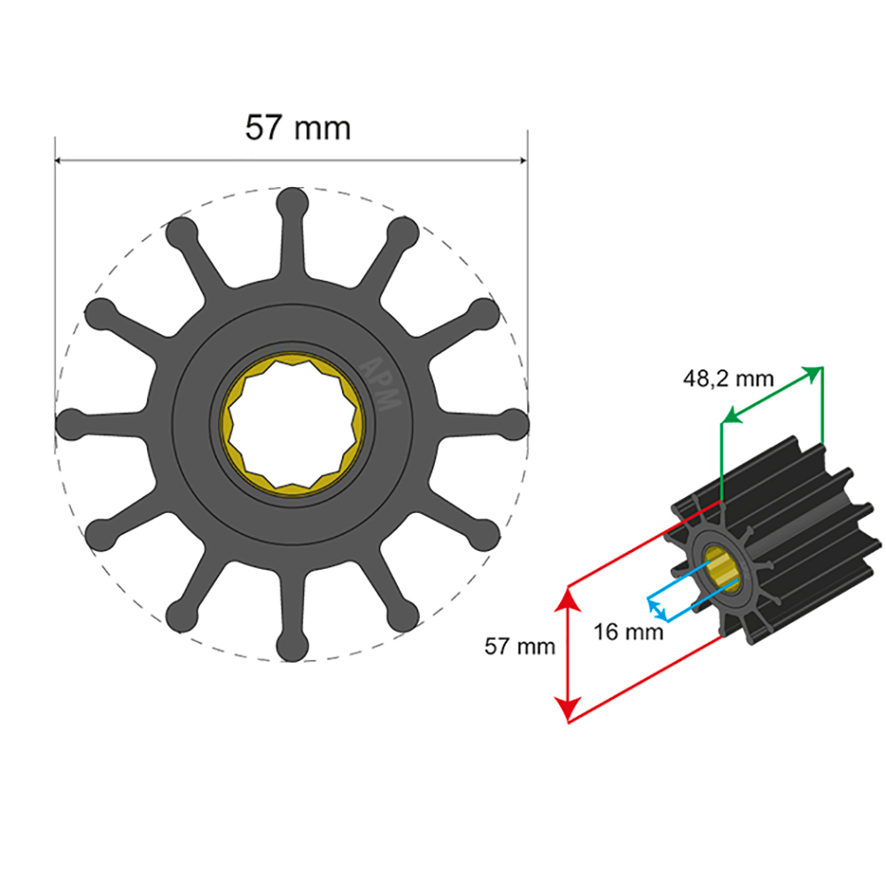 Diagram showing impeller dimensions and measurements.