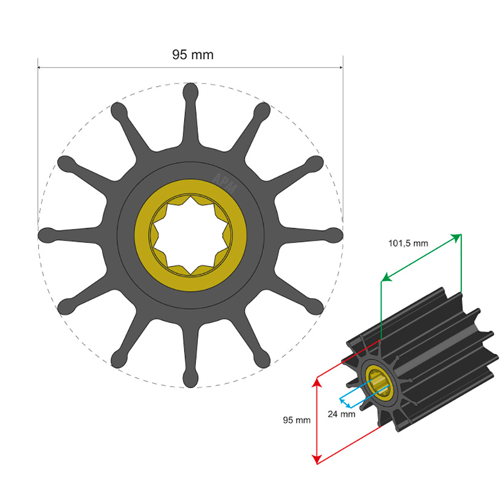 Impeller diagram with dimensions in millimeters.
