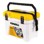 Frabill bait station with yellow lid and handle.