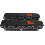 Rod holders with black straps for fishing rods.