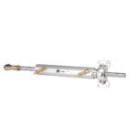 Silver hydraulic cylinder with mounting brackets.
