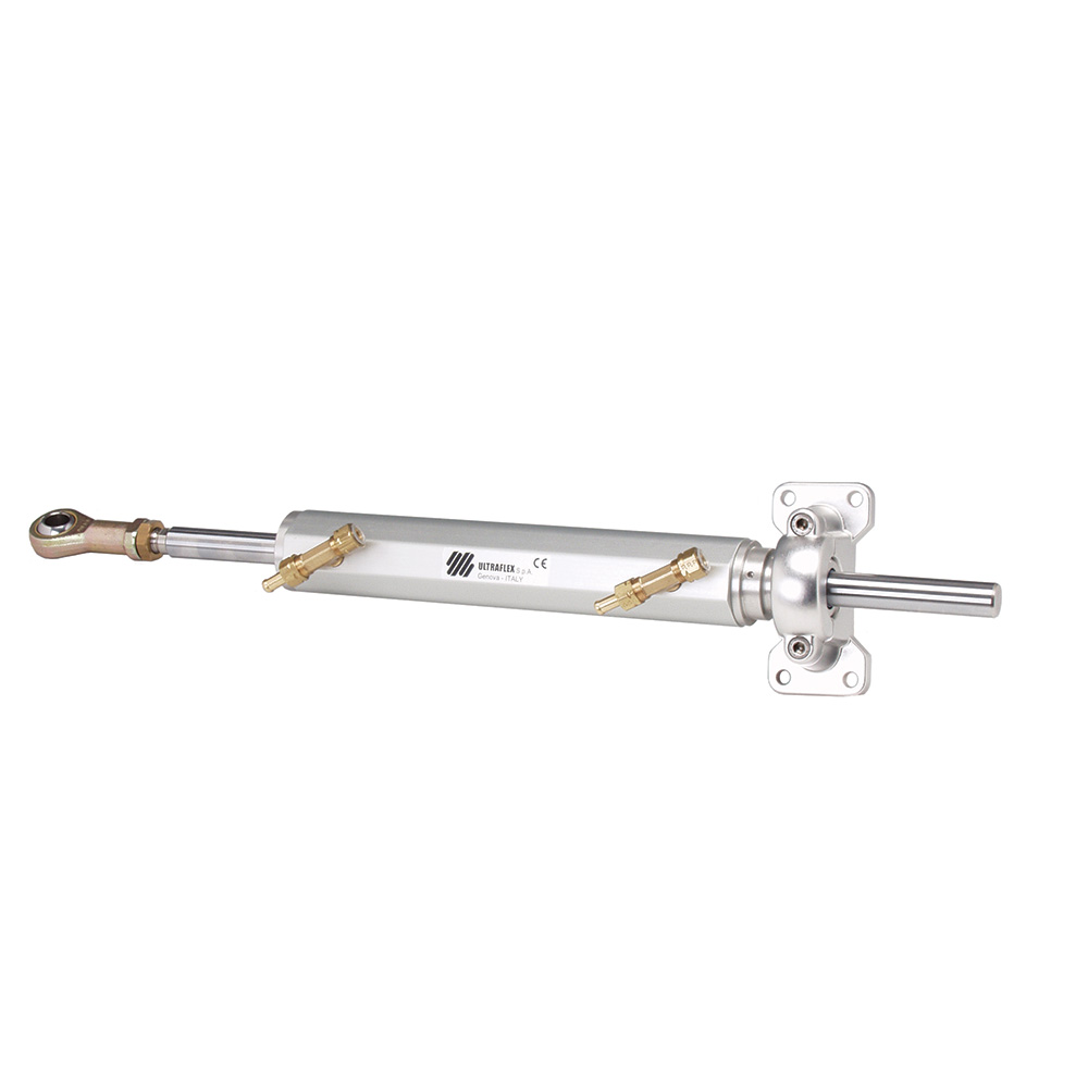 Silver hydraulic cylinder with mounting brackets.