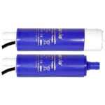 Blue submersible marine water pumps on white background.