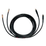 Coiled black hydraulic hose with copper fittings.