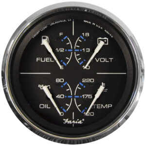 Round quadruple gauge display: fuel, volt, oil, temp.