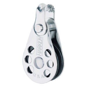 Shiny metal pulley with brand name engraved.