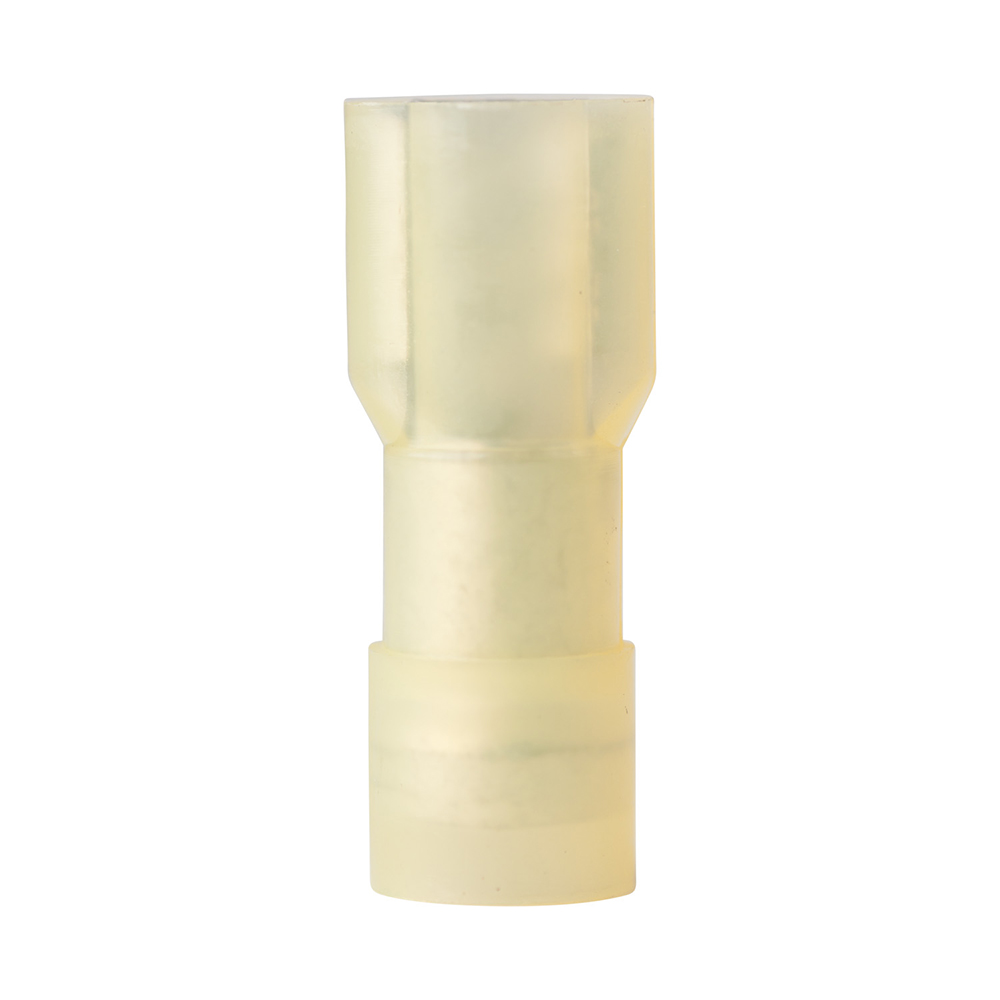 Yellow insulated electrical connector, cylindrical shape.