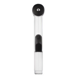 White handheld shower head with black accents