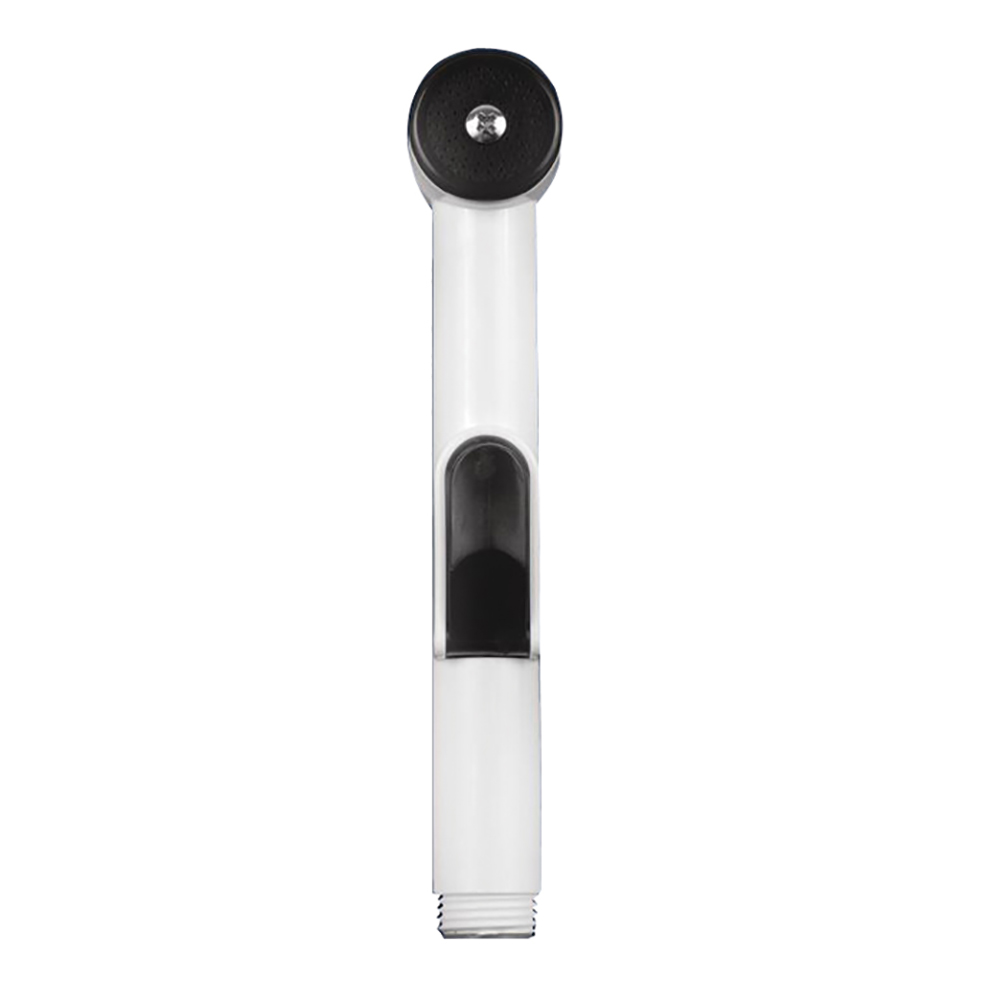 White handheld shower head with black accents