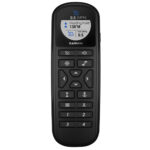Garmin marine remote control with screen and buttons.