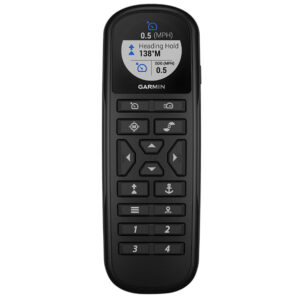 Garmin marine remote control with screen and buttons.