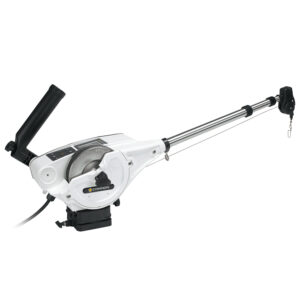 Electric downrigger with cable and pulley system.