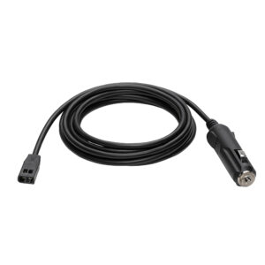 Coiled black power cable with connector