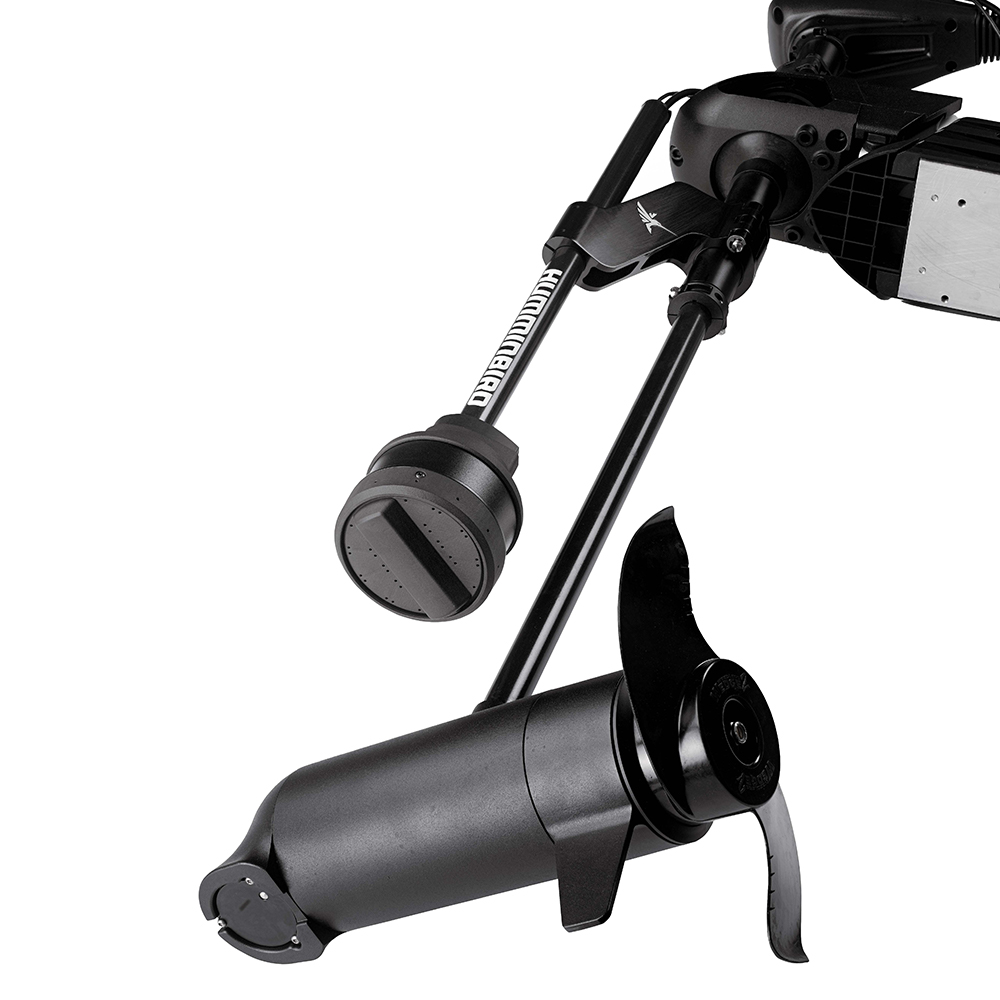 Black trolling motor with propeller and handle.